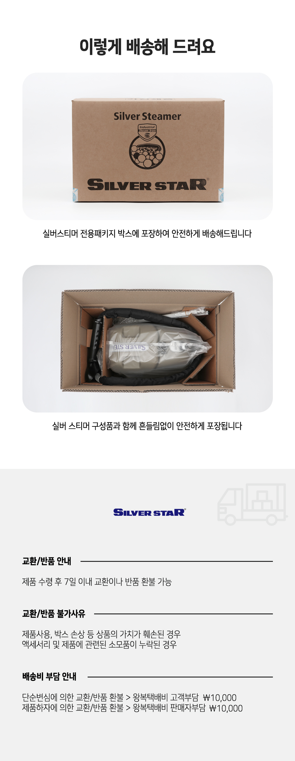 전용 패키지 박스 포장 및 배송·교환·반품 안내
